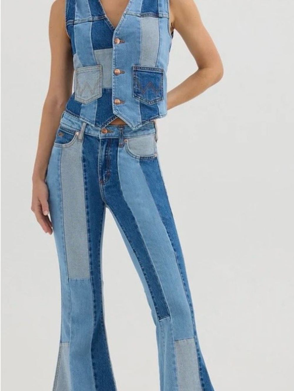 Wrangler x Lainey Wilson Patchwork Two-Tone Blue Flare Jeans